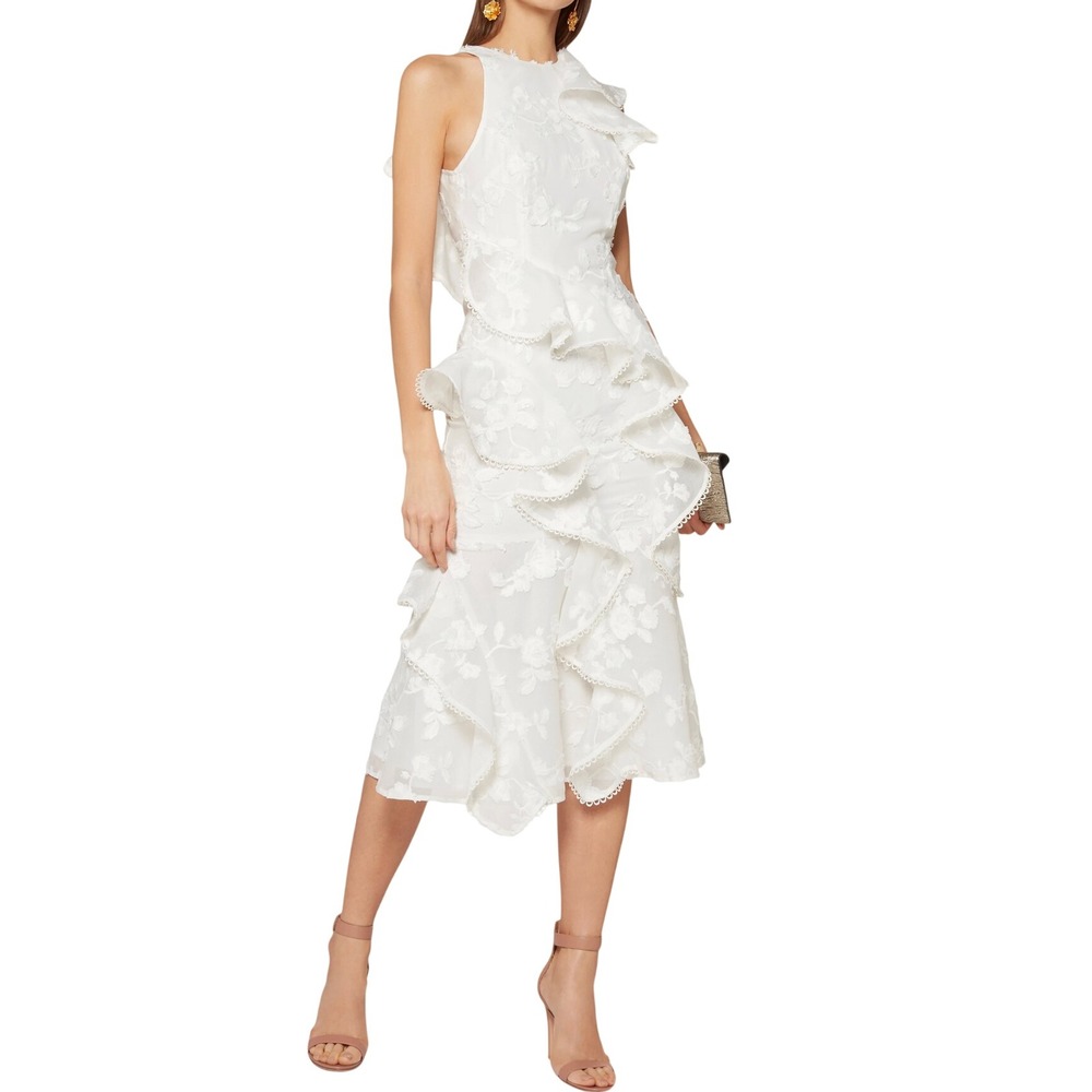 KEEPSAKE The Label White Floral Embroidered Ruffle Midi Dress Bridal Romantic